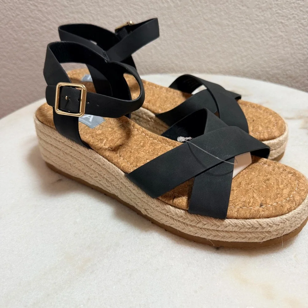 MIA Nikky Black Wedge Sandals Espadrille Platform Ankle Strap Womens Size 9 NEW